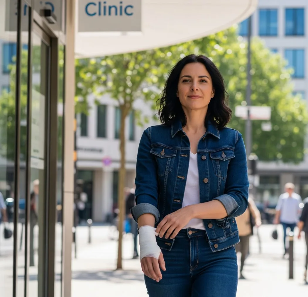 A woman walking comfortably down a city street near a clinic, back to her active life after non-surgical joint pain treatment.